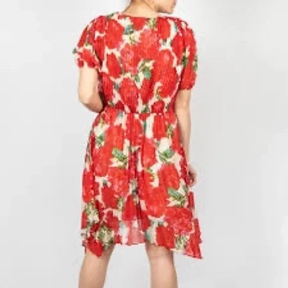 The Kooples Red Rose Floral Wrap Puff Sleeve Mini Dress Handkerchief Hem Small - Picture 4 of 13